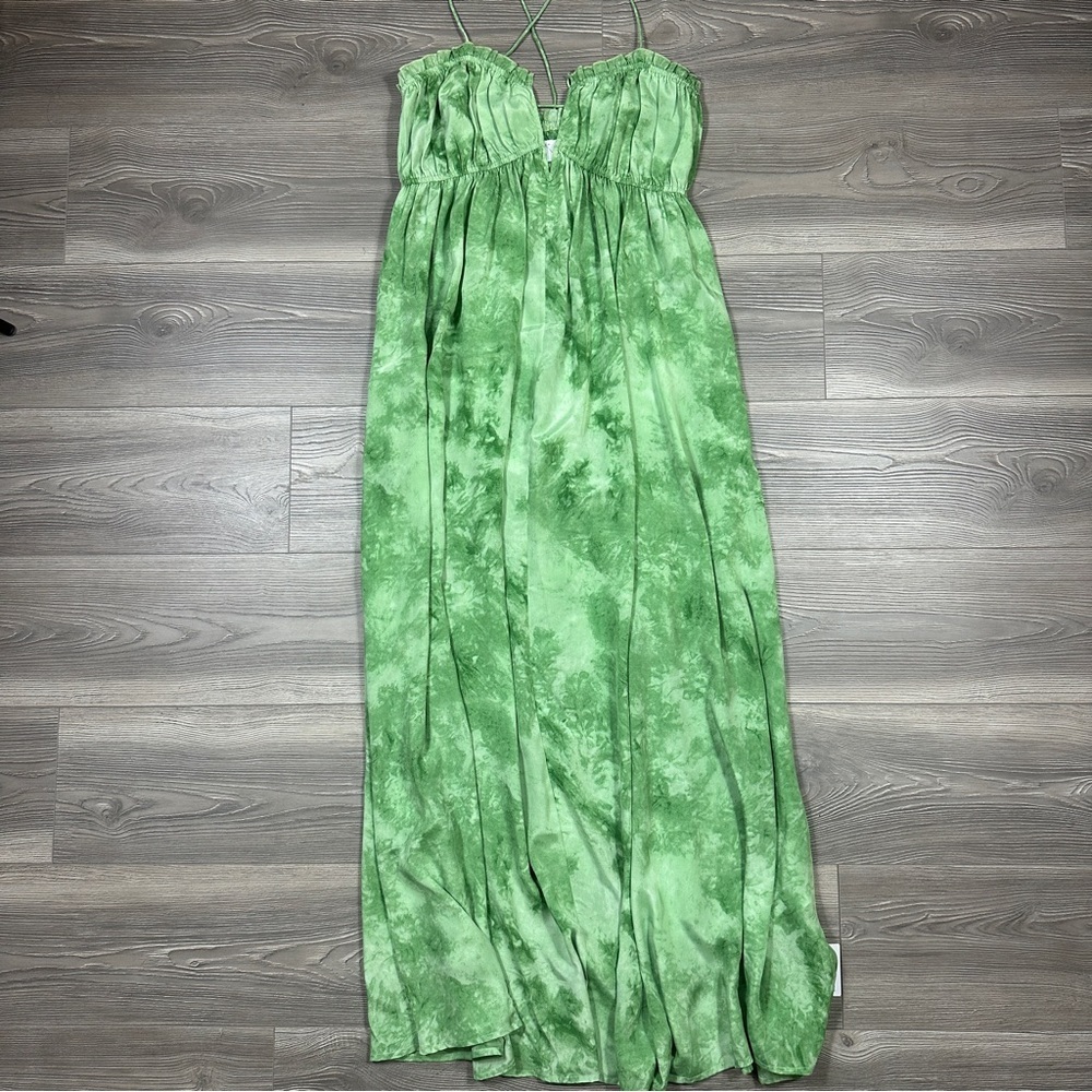 NWT ASOS Green Satin Tie Dye Maxi Dress with Ruffled Detailing and Wire V Detail